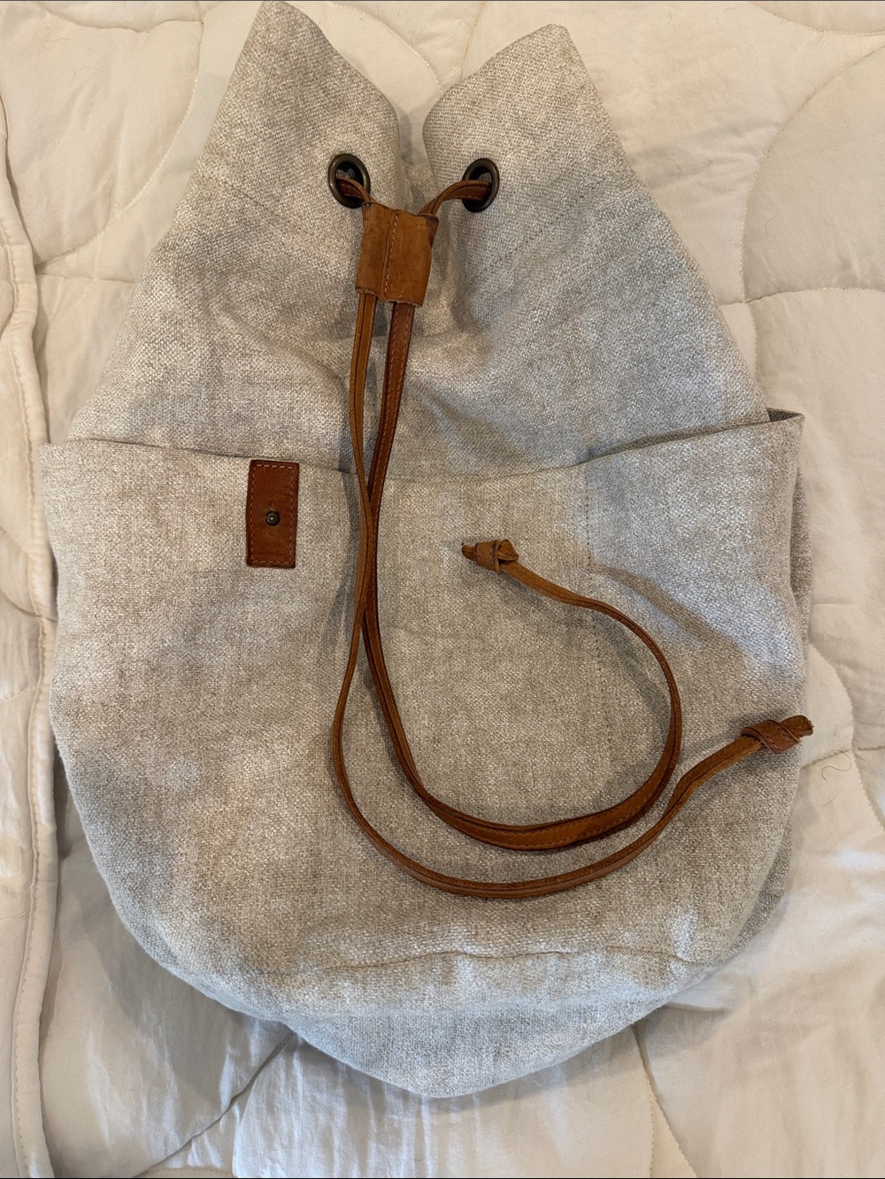 Casual Linen Backpack with Tan Leather Trim